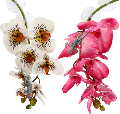 Chuangdi 2 Pieces Artificial Phalaenopsis with Suction Cups Terrarium Plant Decoration Reptile Habitat Plant Decor for Hermit Crab Lizards Geckos Snake Reptile (Dark Pink, White Yellow) - Image 11