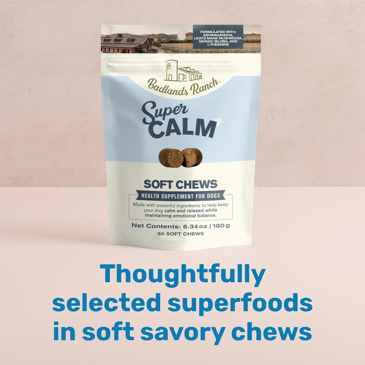 Premium USA imported calming chews for dogs showing nutritional facts