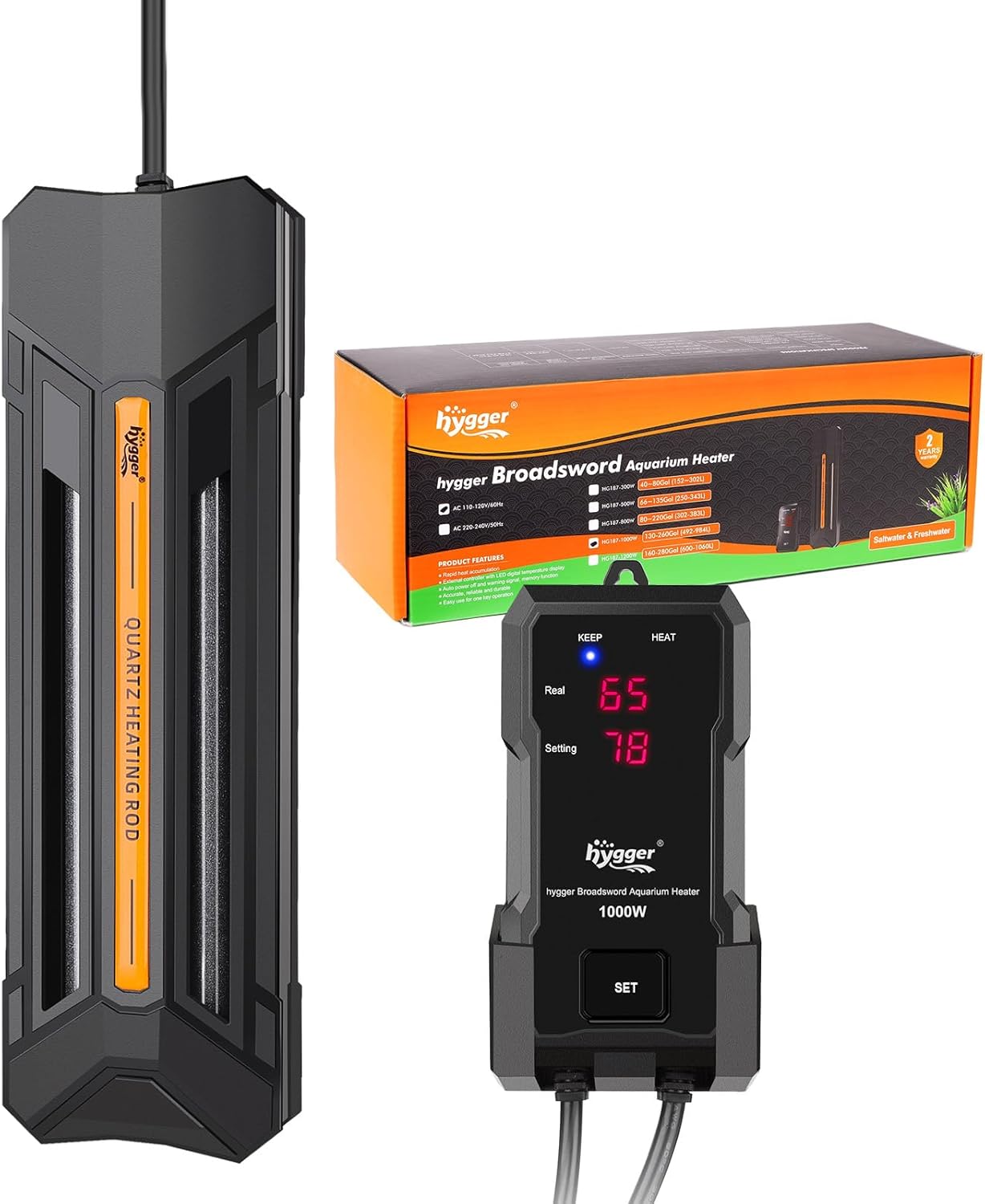 Hygger 300W aquarium heater front view with digital controller