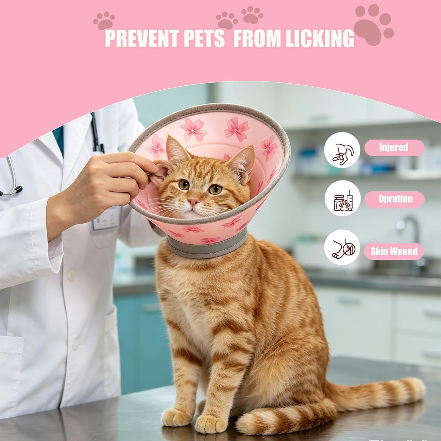 Adjustable fabric Elizabethan collar for cat surgery recovery showing the pink bow design