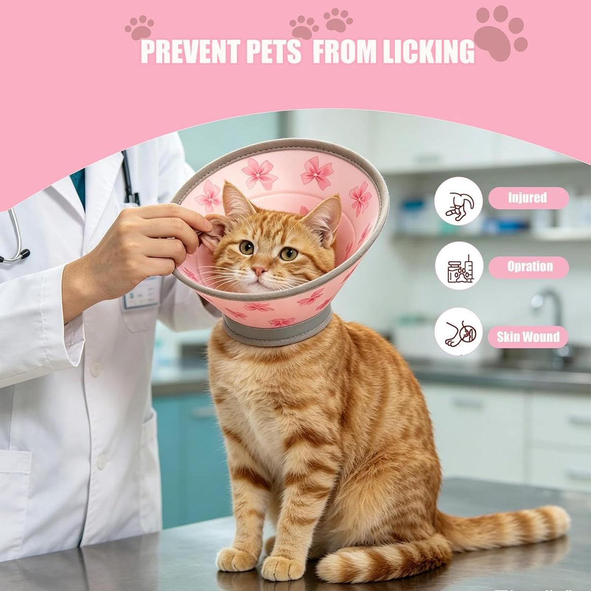 Adjustable fabric Elizabethan collar for cat surgery recovery showing the pink bow design