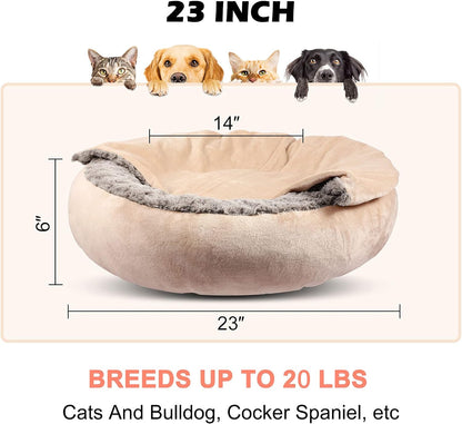 Top view of round donut pet bed with blanket