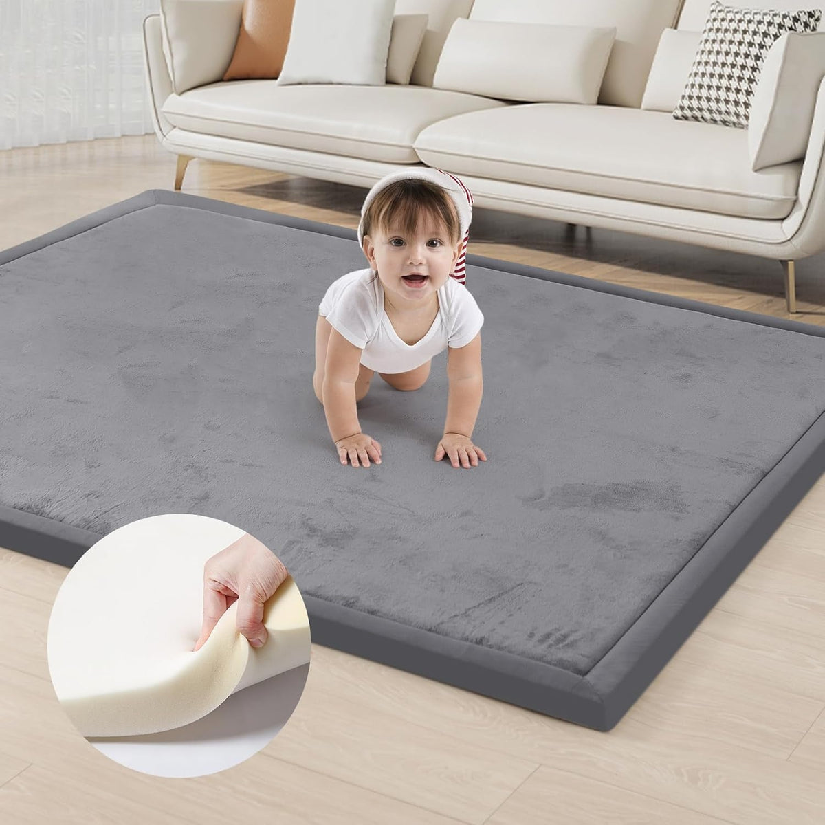 Acomopack baby play mat front view showing dark grey coral velvet surface
