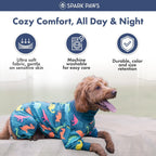Spark Paws canine onesie rear view showcasing the deep V-cut design for potty breaks.