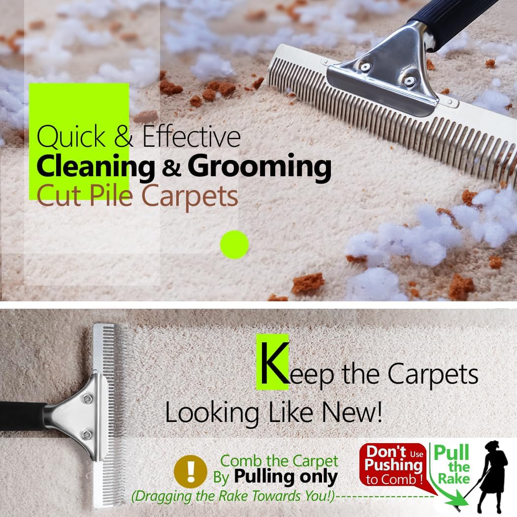 Detailed view of Zemozen rake restoring matted carpet texture