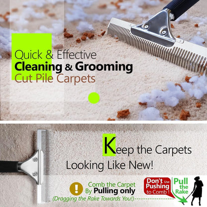 Detailed view of Zemozen rake restoring matted carpet texture