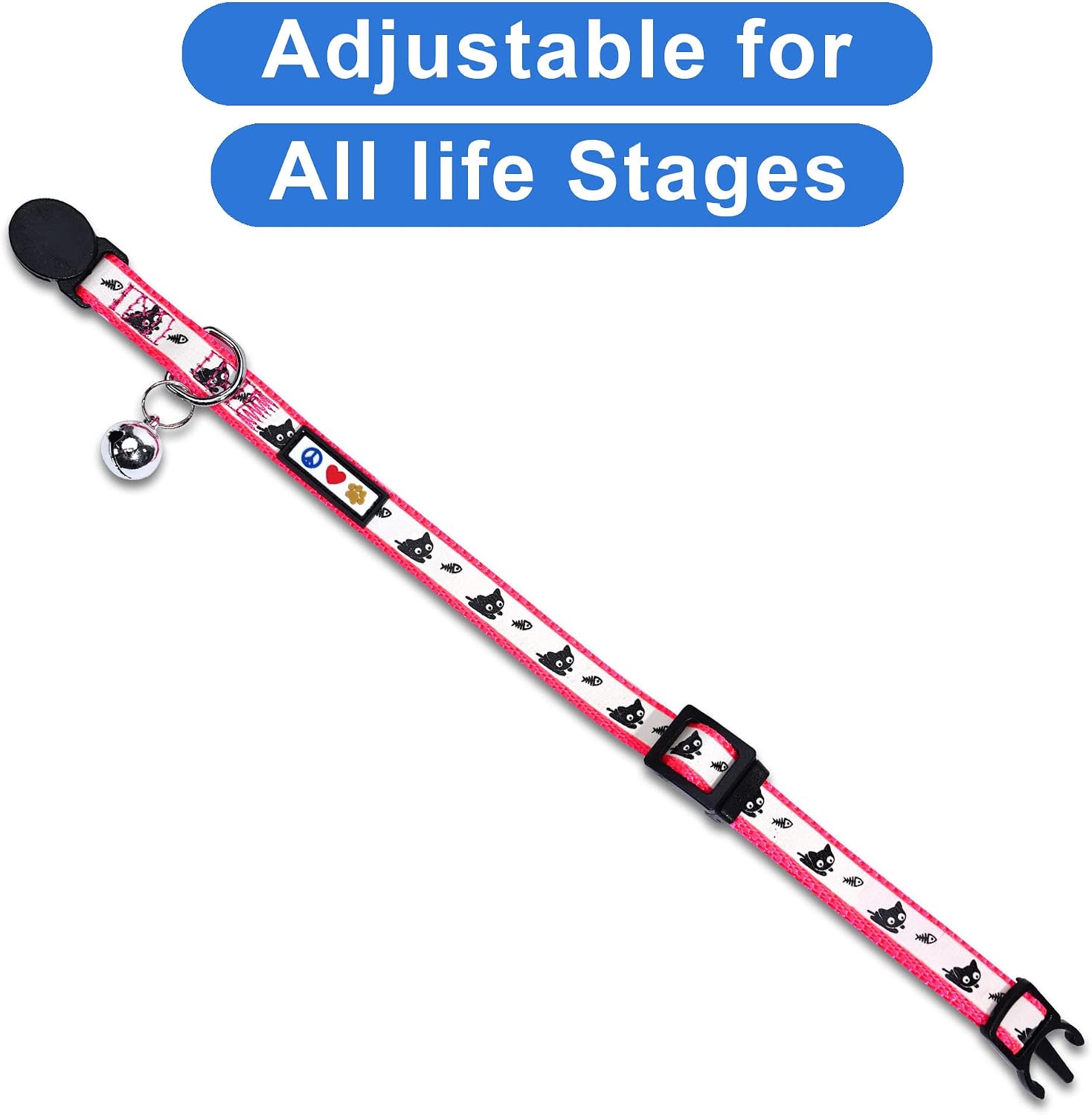 USA imported Pawtitas safety collar for cats illustrating the secure D ring for identity tags.