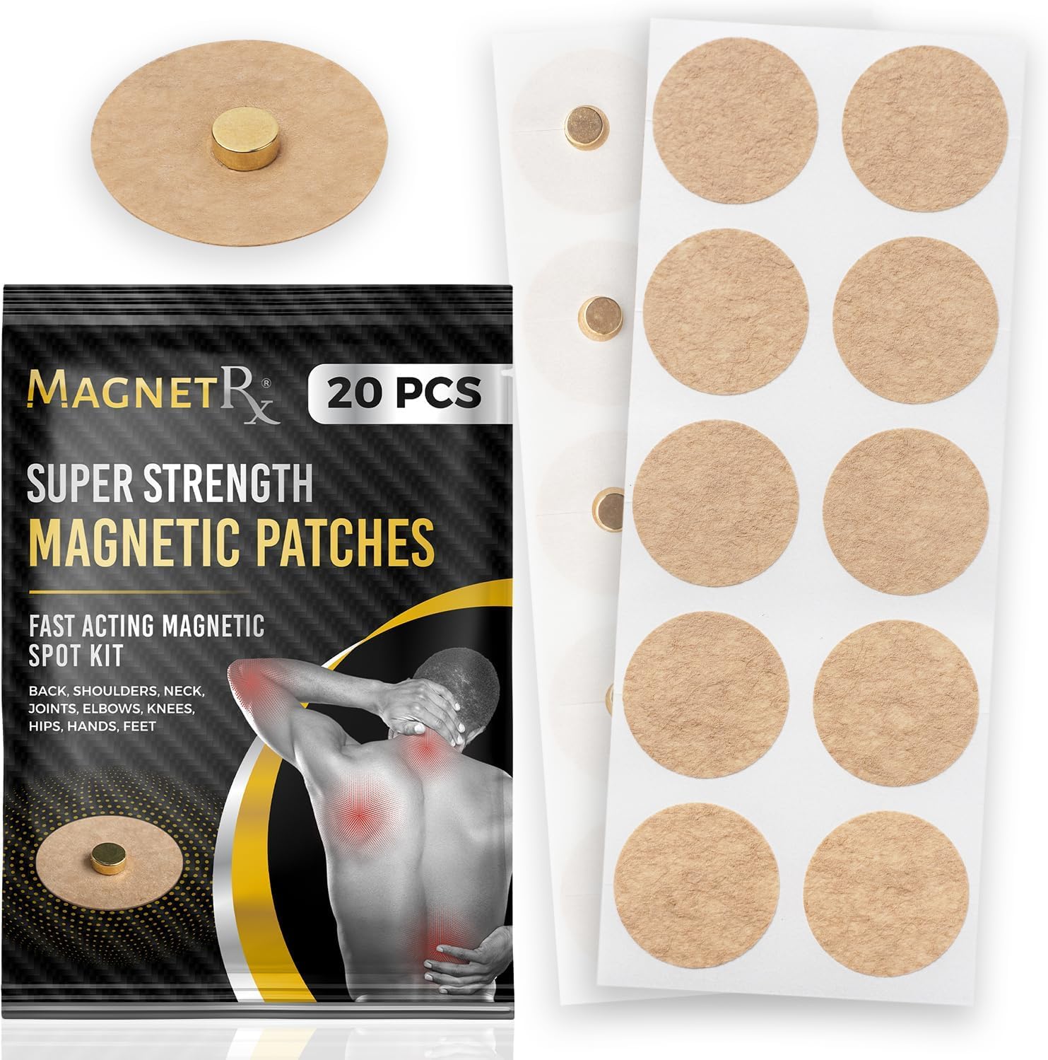 MagnetRX Magnetic Acupressure Patches front packaging showing 20 count pack for pain relief.