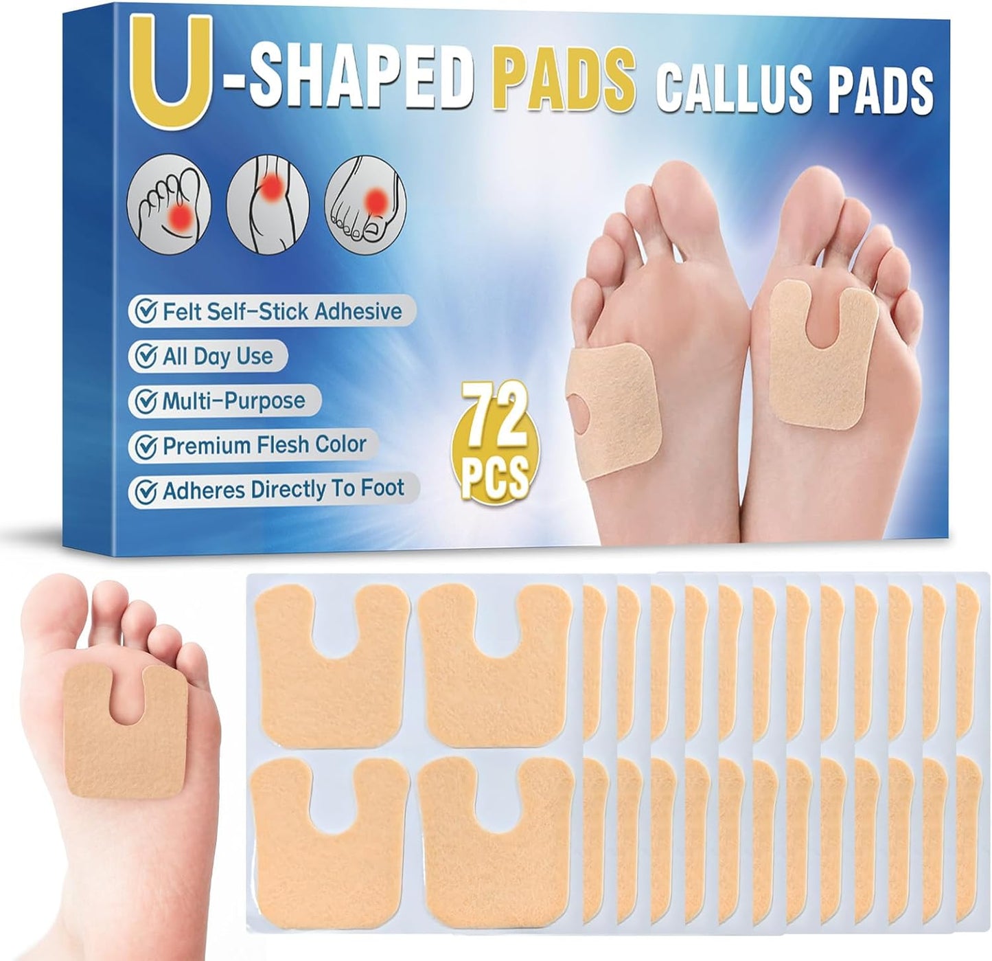 Bellisinno U-Shaped Felt Callus Pads front view of package displaying seventy-two white adhesive cushions.