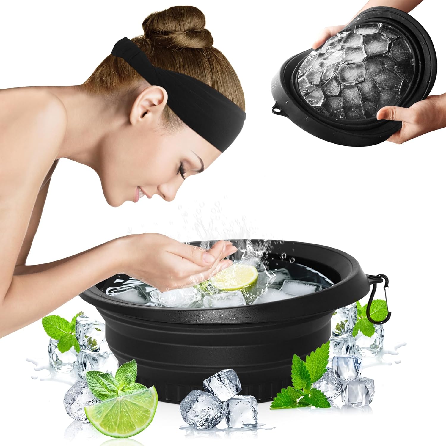 Snipeup foldable facial ice bowl with built-in tray in black showing front view for cold plunge skincare.