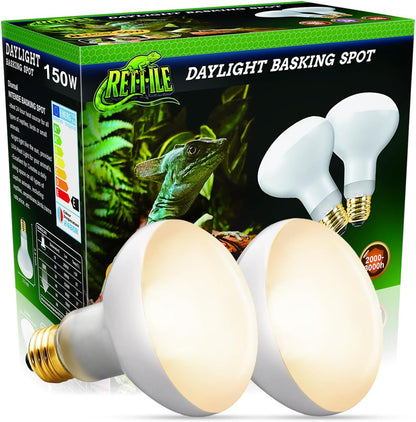 Reptitrip reptile heat lamp 150W 2 pack front view showing premium daylight UVA basking bulbs packaging.