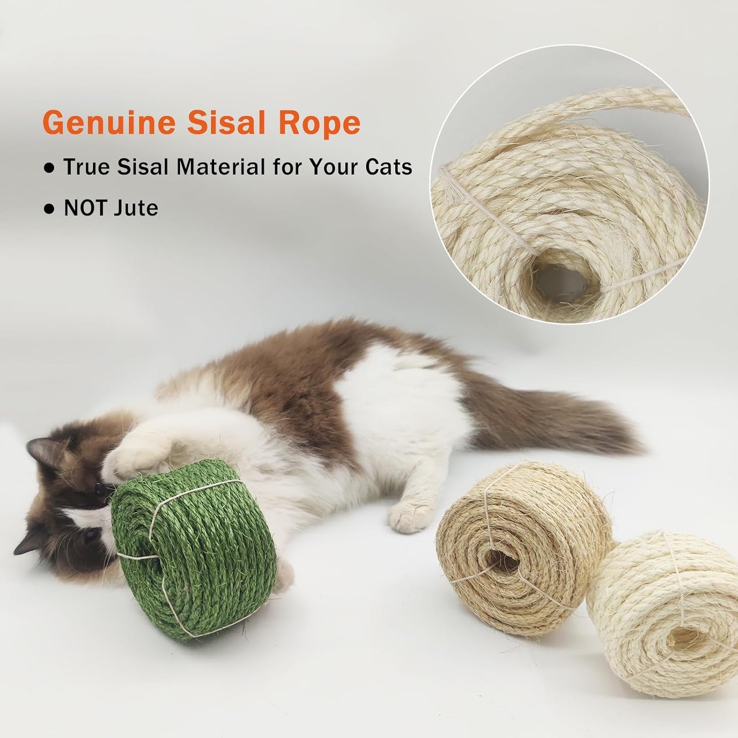 Hand holding 32 feet of black sisal scratcher rope