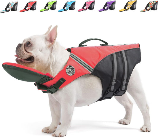 Mklhgty dog life jacket front view featuring the removable neck float for canine swimming safety.