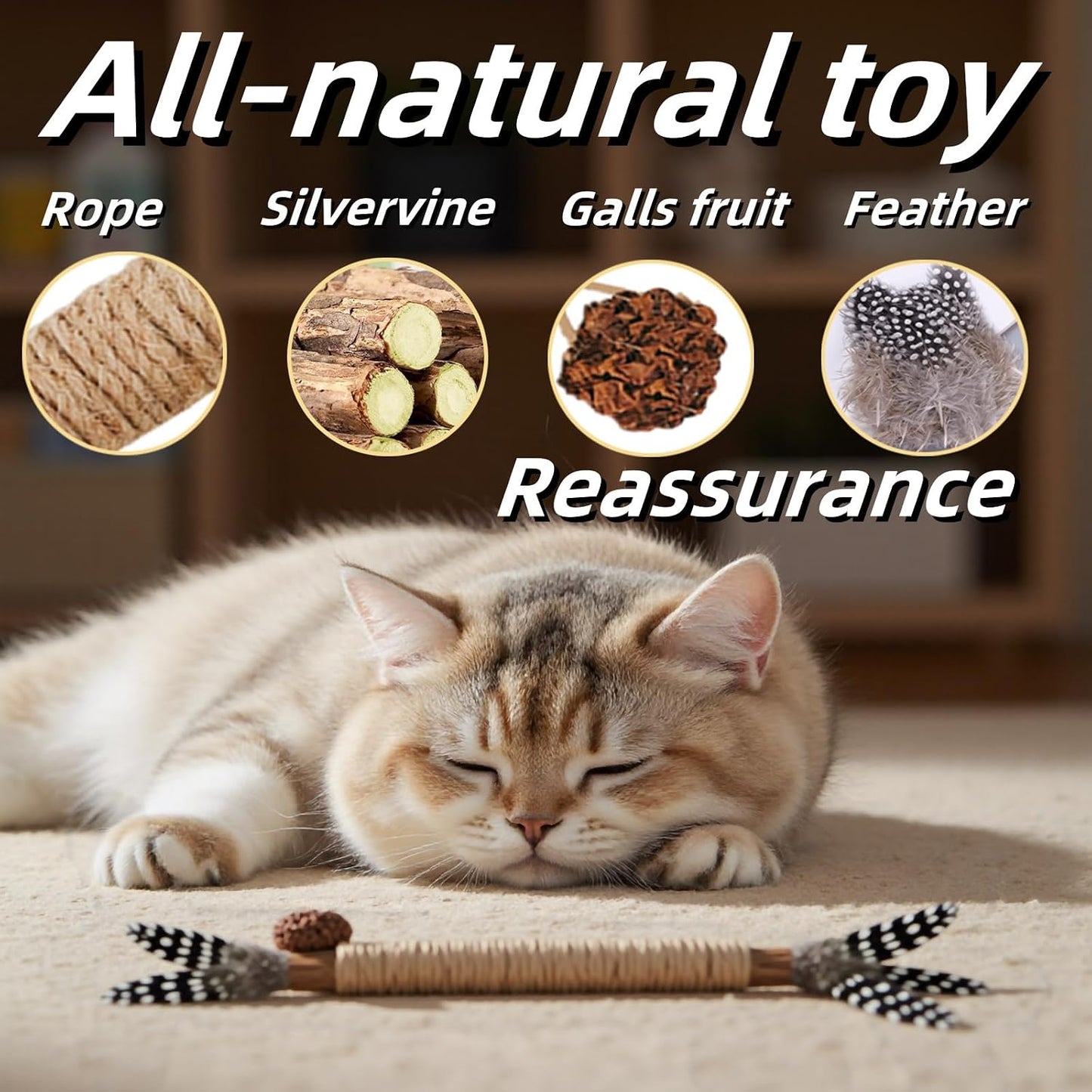 Interactive cat toy with real chicken feathers and wood