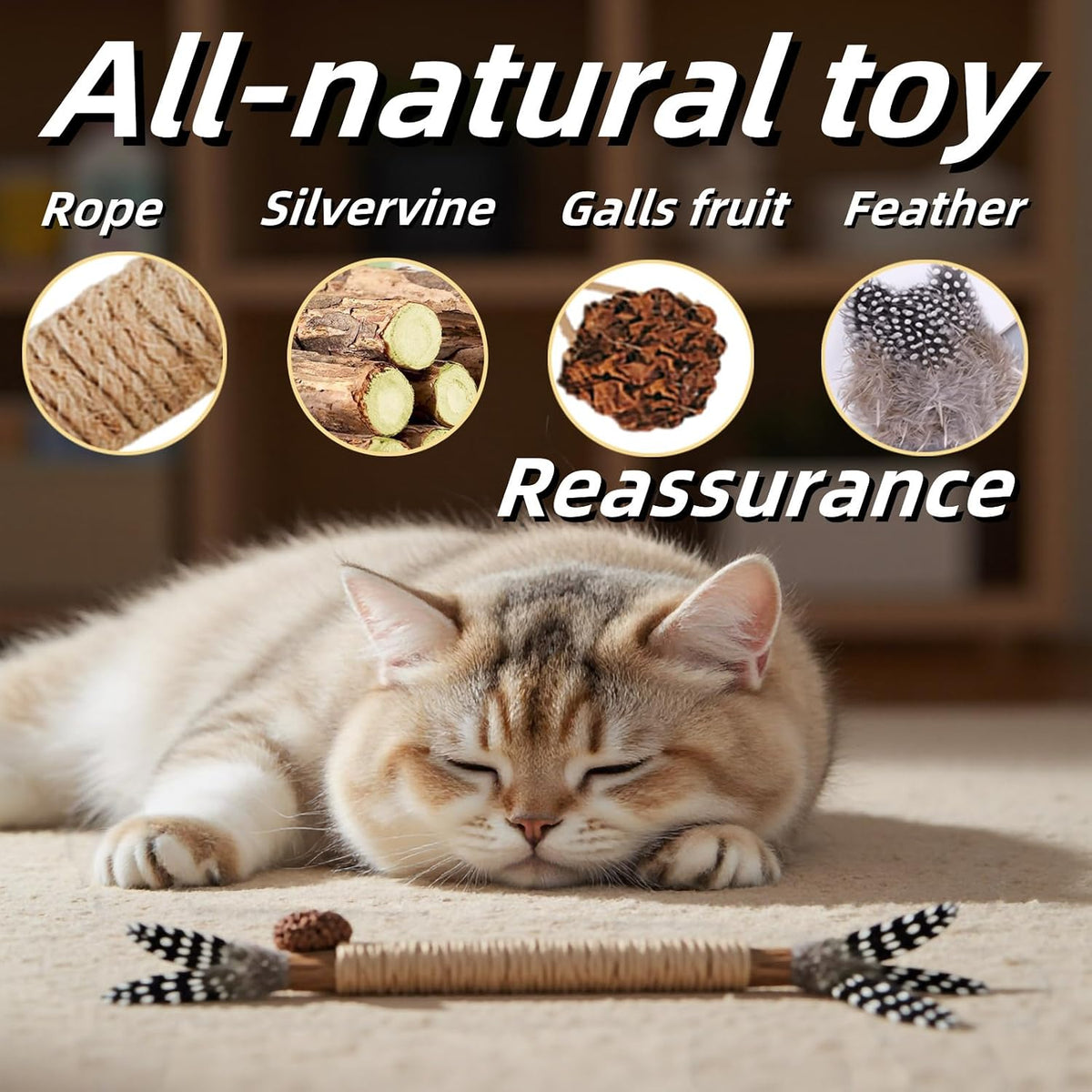 Interactive cat toy with real chicken feathers and wood