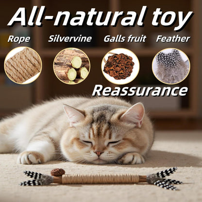 Interactive cat toy with real chicken feathers and wood