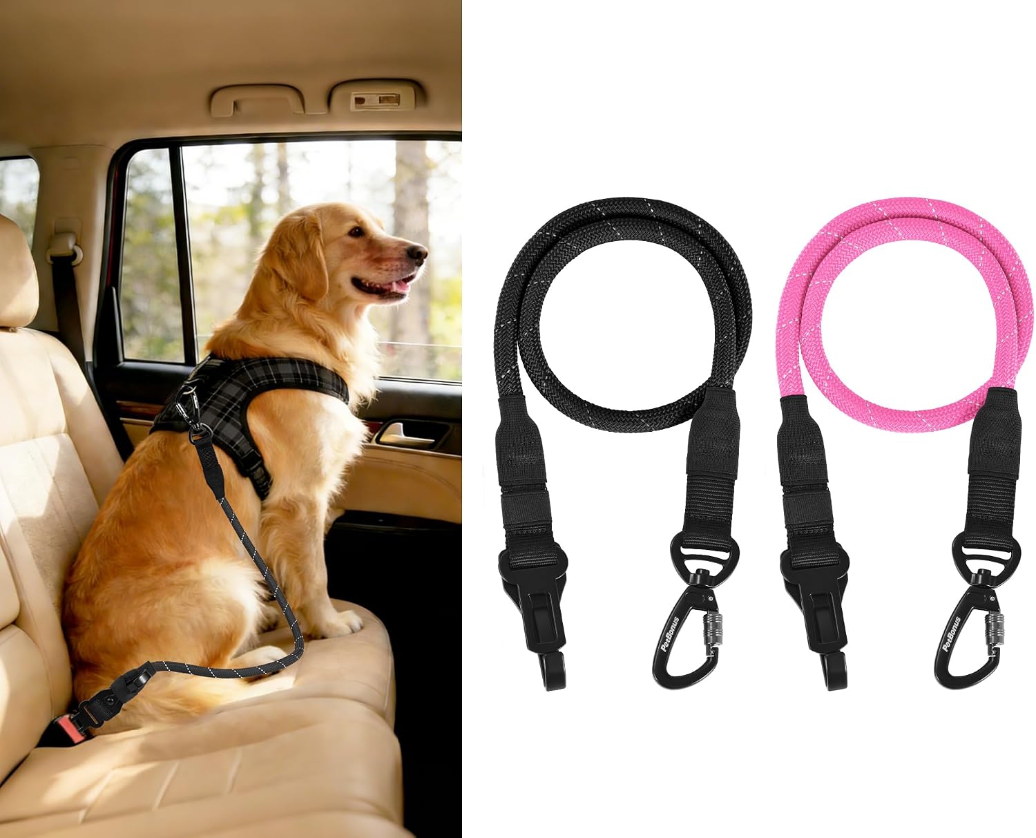 PetBonus Dog Seat Belt for Car, Durable Rope Dog Car Harness Seatbelt for Vehicle, Pet Tether Safety Restraint with Heavy Duty Buckle Hook Latch Lockable Clip for Small Medium Large Breeds (Black) - Image 10