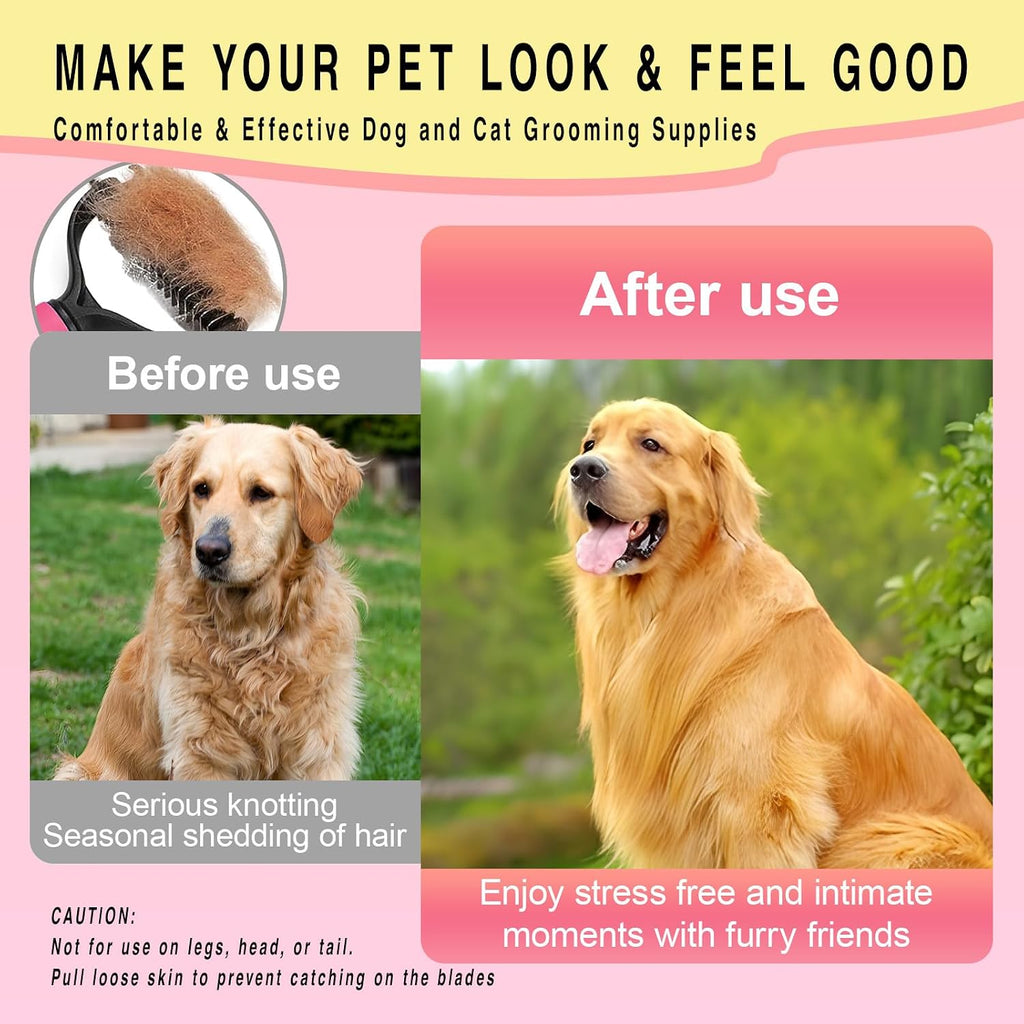 Using grooming rake on dog long coat