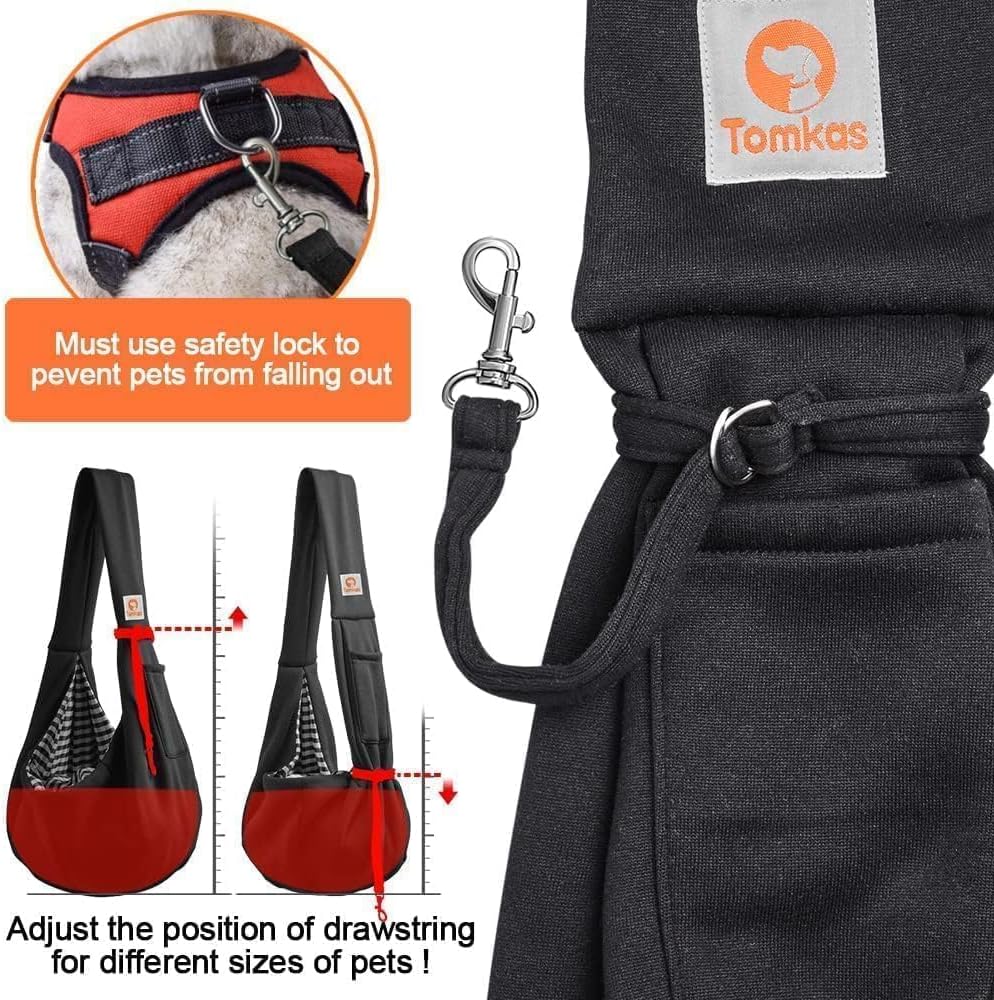 Tomkas puppy sling demonstrating hands free carrying style