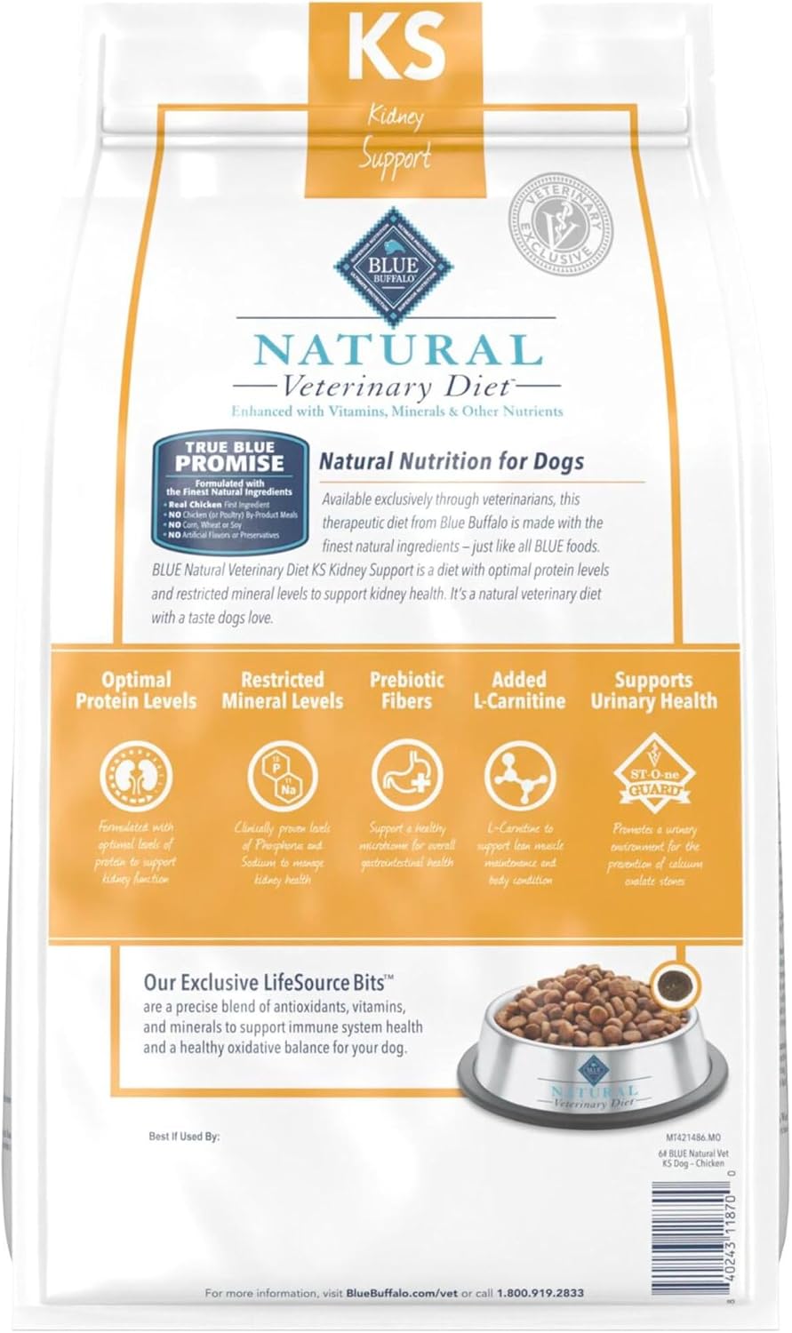Blue Buffalo prescription kidney care dog food chicken flavor six pound bag side label