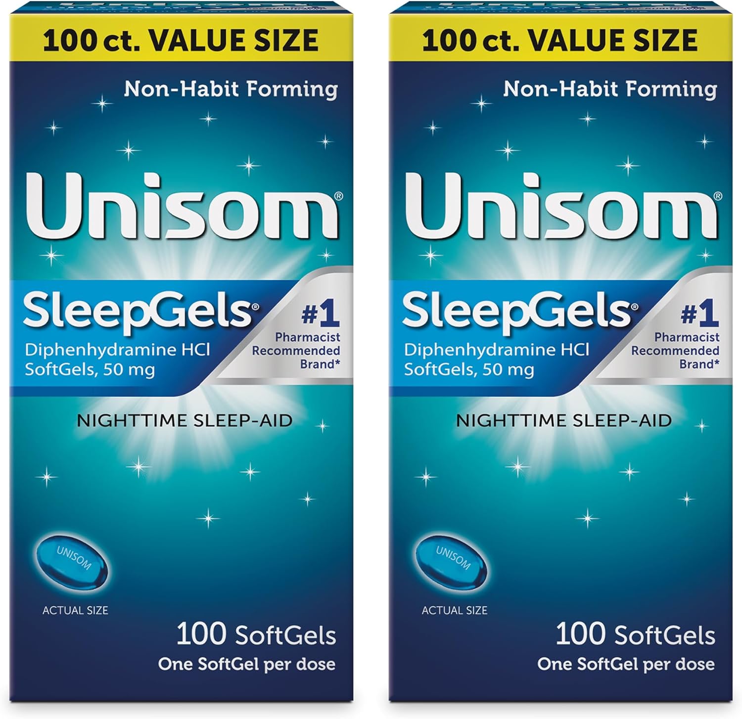 Unisom Nighttime Sleep-Aid Gels front view of retail value pack packaging for occasional insomnia relief