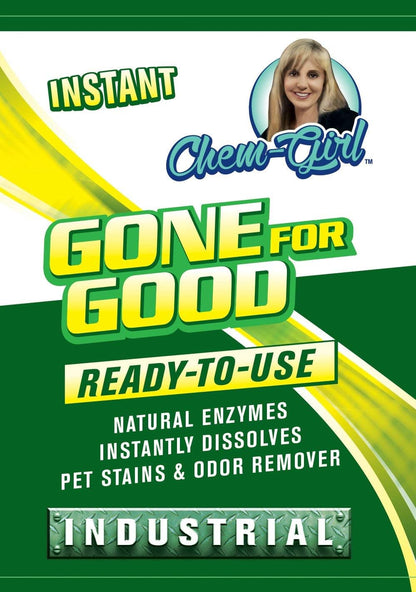 Authentic USA imported Chem-Girl stain remover being applied to a stubborn organic carpet stain for complete pheromone elimination.