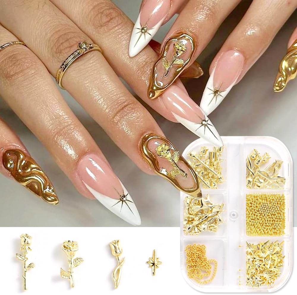 SUTOKAKA 3D metal rose nail art charms front view showcasing six compartments of gold flowers and star decorations.