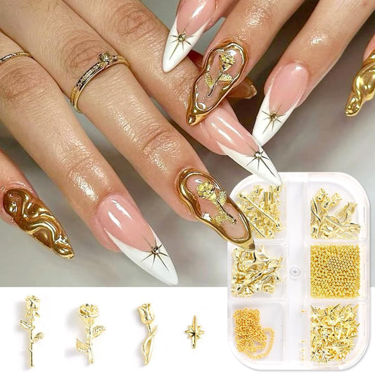 SUTOKAKA 3D metal rose nail art charms front view showcasing six compartments of gold flowers and star decorations.
