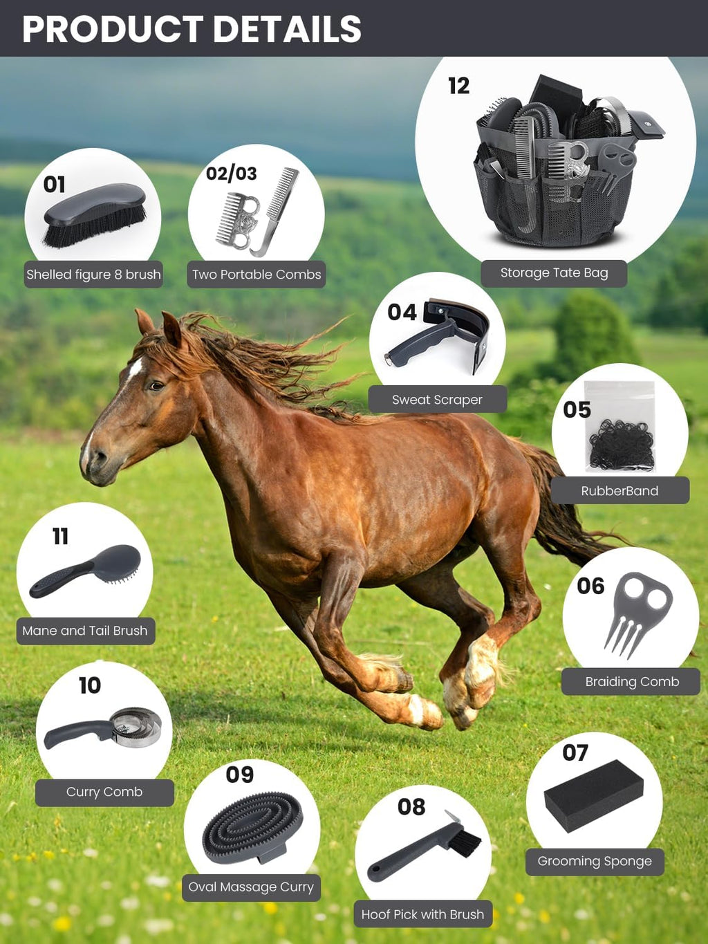 Inoreal equine care tools showing hoof pick and curry comb for stable maintenance