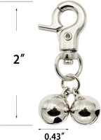 Heavy duty snap clips on silver pet pendant bells close up