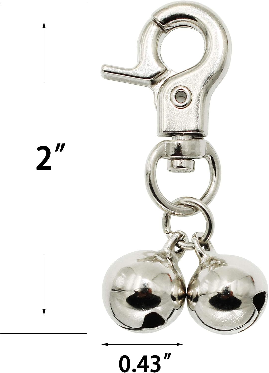 Heavy duty snap clips on silver pet pendant bells close up