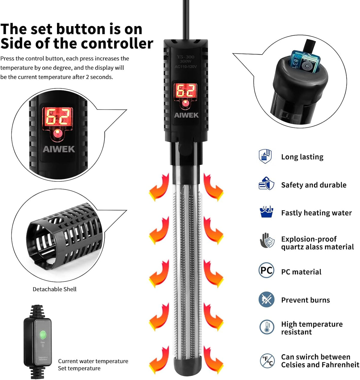 Close up of Aiwek fish tank heater external temperature controller