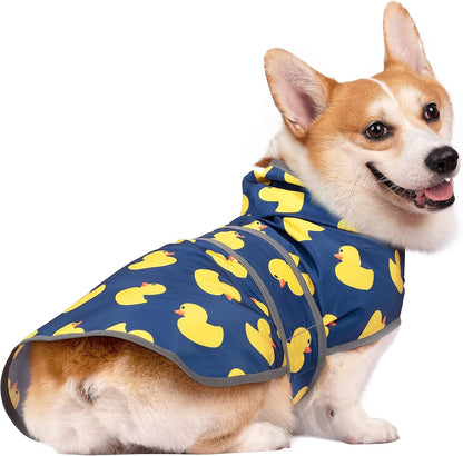 Side profile of a puppy wearing the Happiere adjustable hooded slicker jacket.