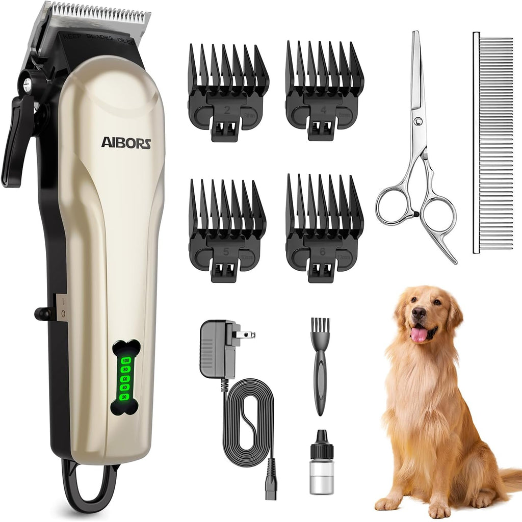 AIBORS Petworthy quiet dog grooming kit front view showing gold cordless clippers