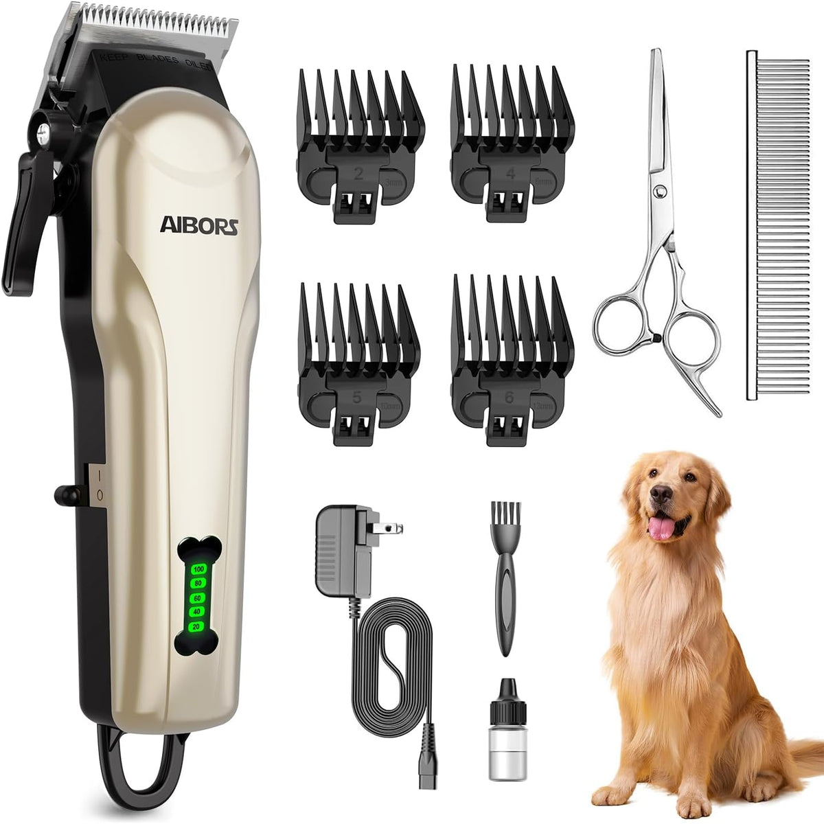 AIBORS Petworthy quiet dog grooming kit front view showing gold cordless clippers