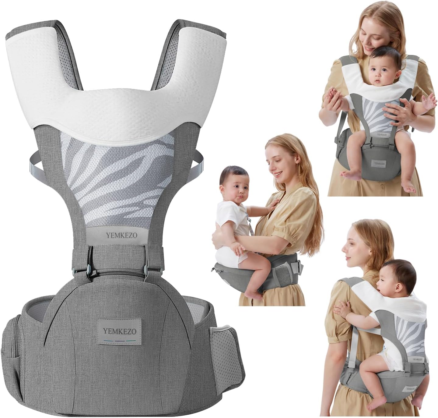 Yemkezo 4-in-1 ergonomic baby carrier front view in grey