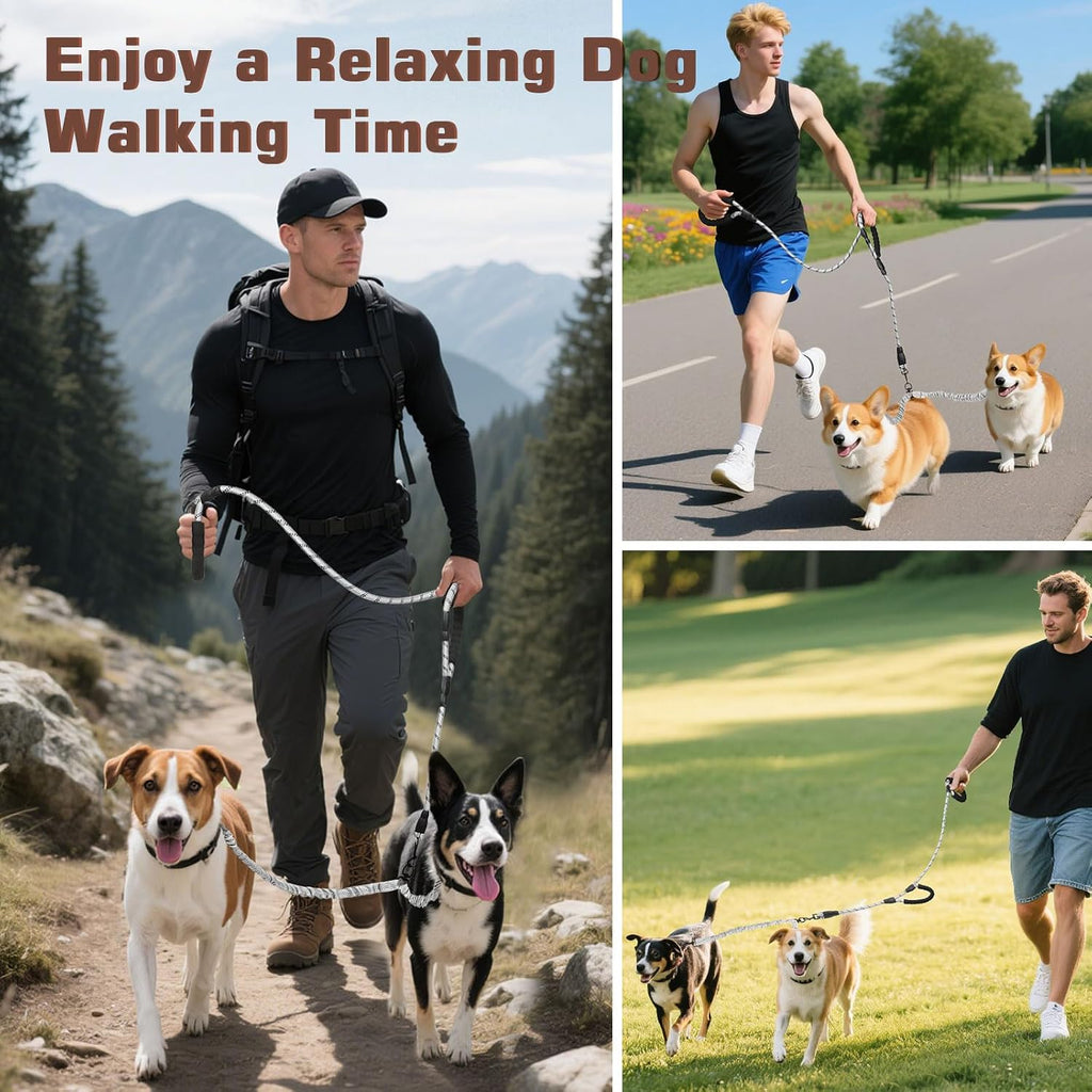 Side view of the Tivray dual dog leash stretched to show bungee extension.