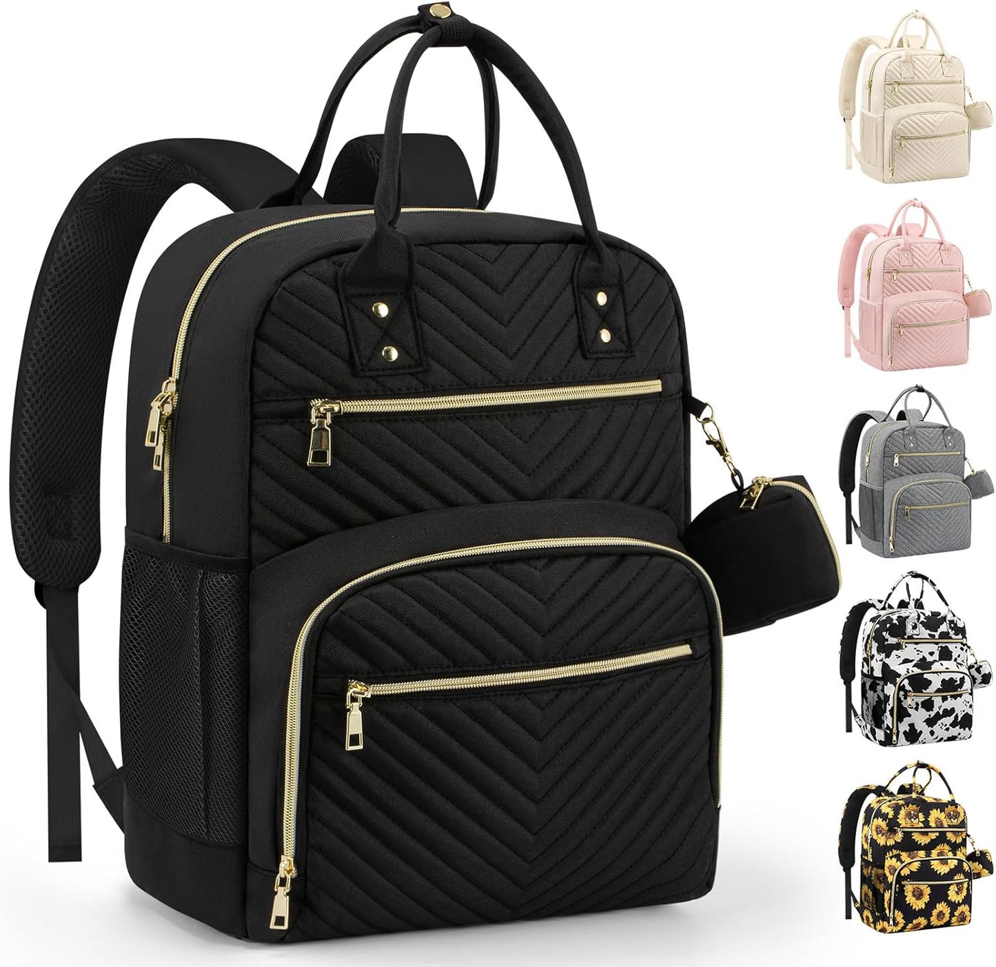 Pritent diaper bag backpack front view showcasing black chevron-quilted pattern and gold zippers for baby travel organization