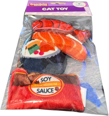 Authentic USA sourced soft plush cat kicking pillows display featuring unique seafood graphics
