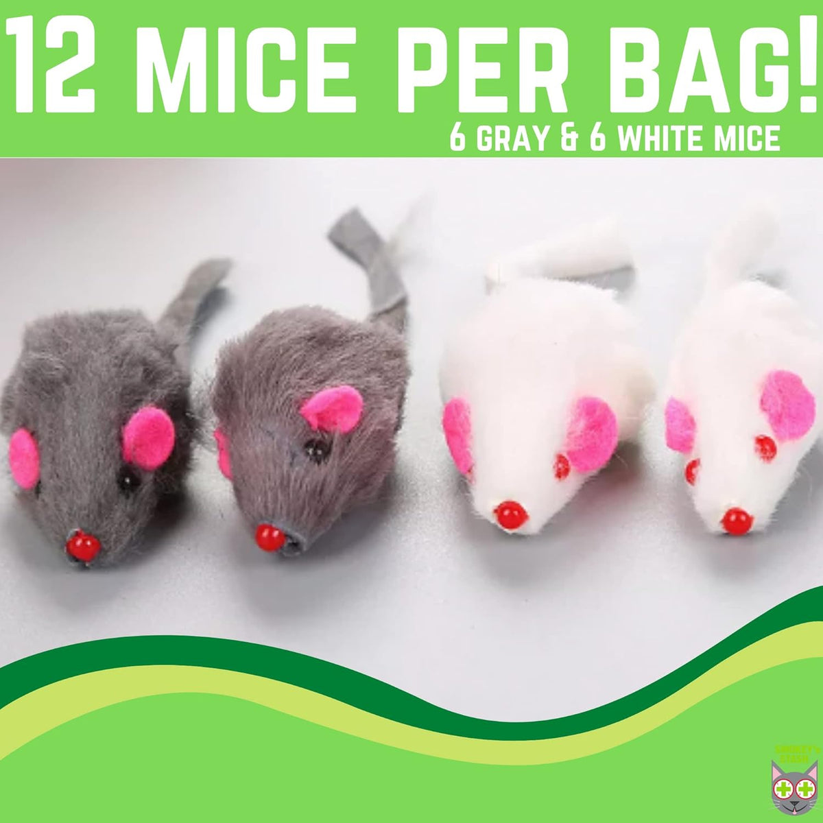 White and gray plush cat mice arrayed neatly to show the full twelve piece set.