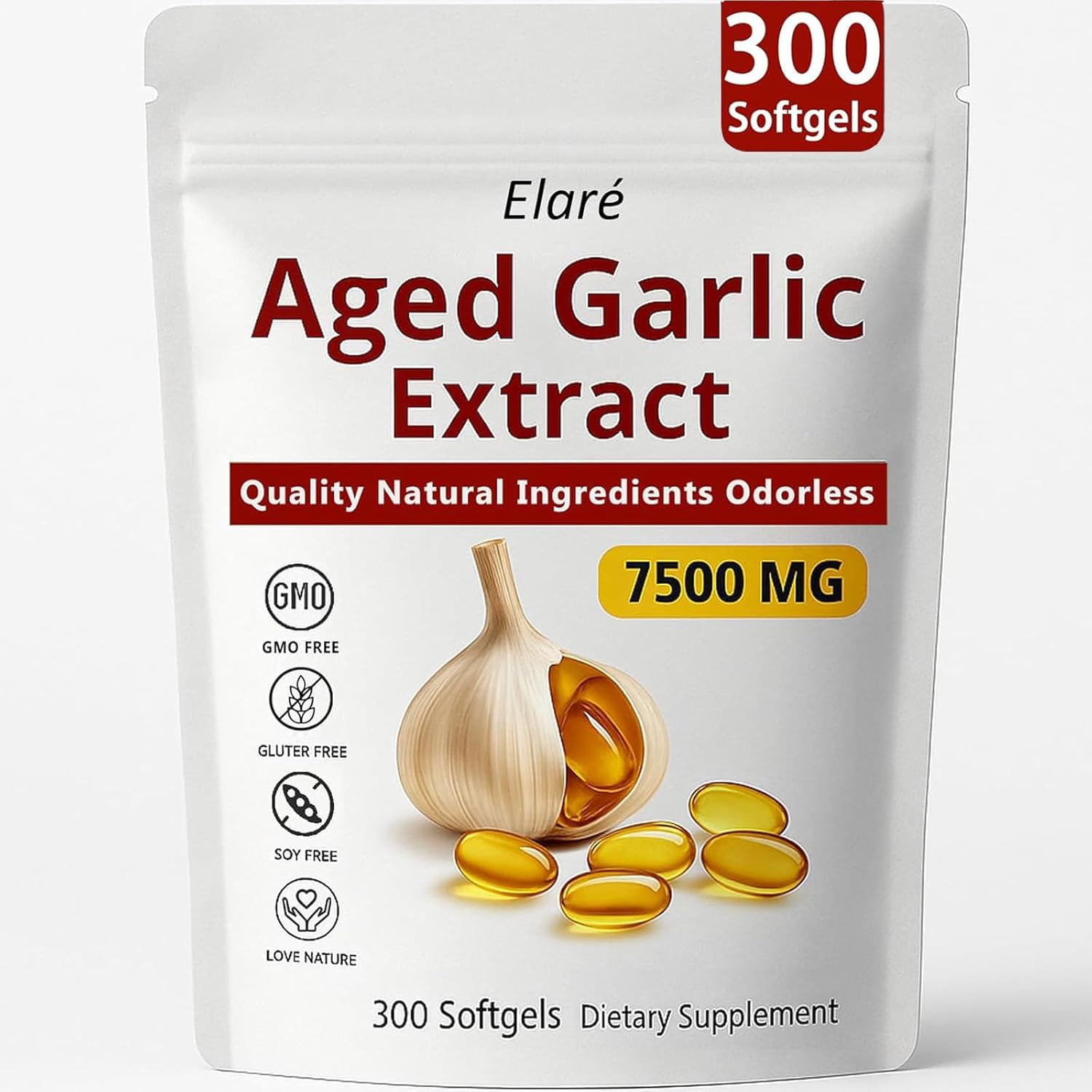 BDQBDQ Elare Aged Organic Garlic Extract 7500mg supplement bottle front view for cardiovascular health