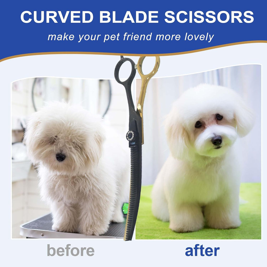 Professional grade pet shear with rhinestone detailing showing the curved V-shape teeth.