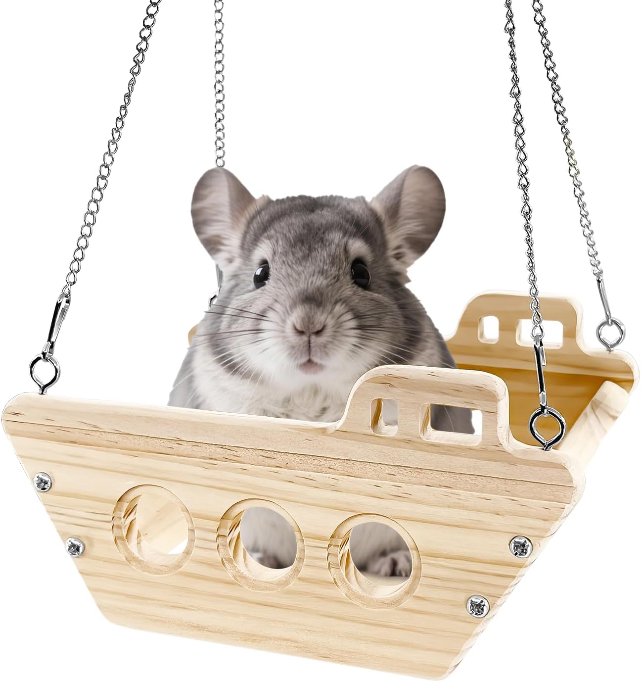Faleshos natural wood chinchilla toy hammock front view inside pet cage habitat.