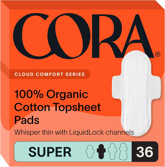 Cora Organic Cotton Topsheet Super Pads 36 count front box view for period care.