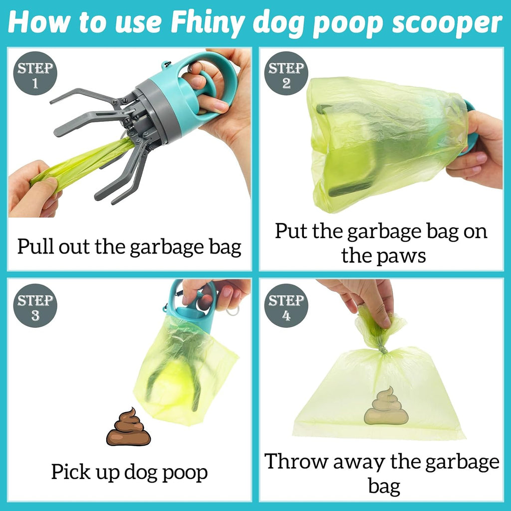 Fhiny pet waste picker with integrated bag dispenser showcasing how a bag is pulled out.