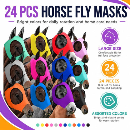 Side profile of horse wearing Sanwuta elastic fly mask