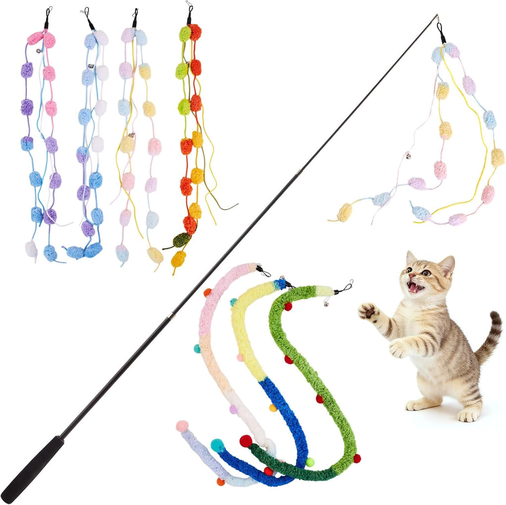 Pattepoint retractable plush strip cat wand toy front view showing extended rod and colorful attachments.