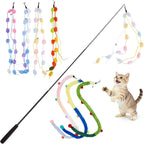 Pattepoint retractable plush strip cat wand toy front view showing extended rod and colorful attachments.