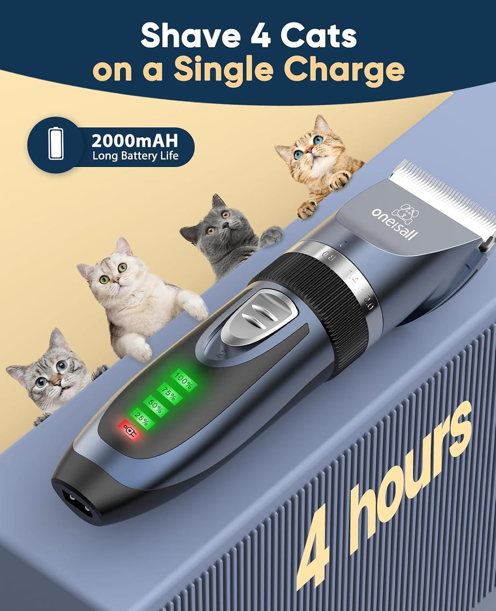 Charging port view of the Oneisall rechargeable long lasting battery pet clippers.
