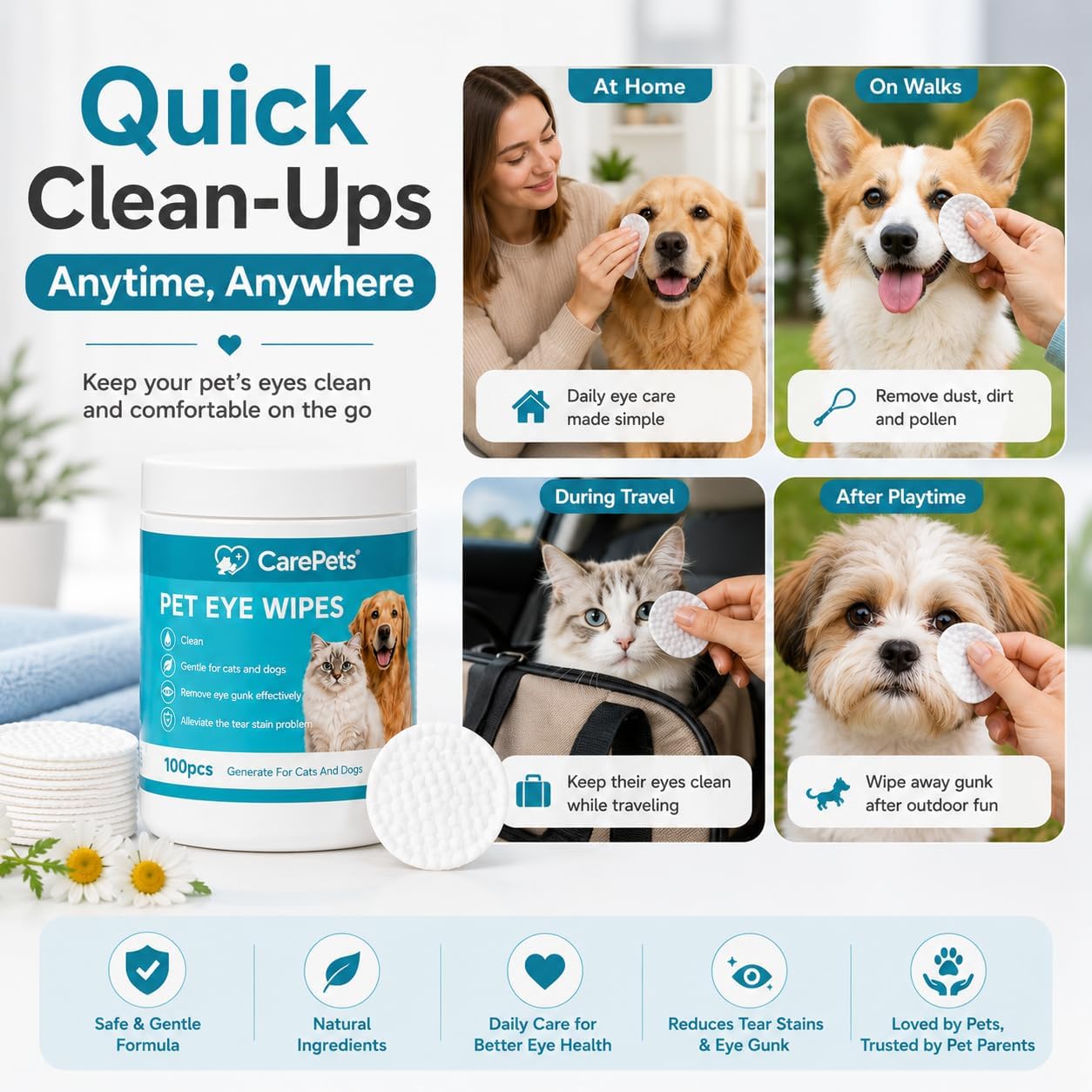 Premium gentle pet wipes for sensitive eye discharge removal with vitamin E.